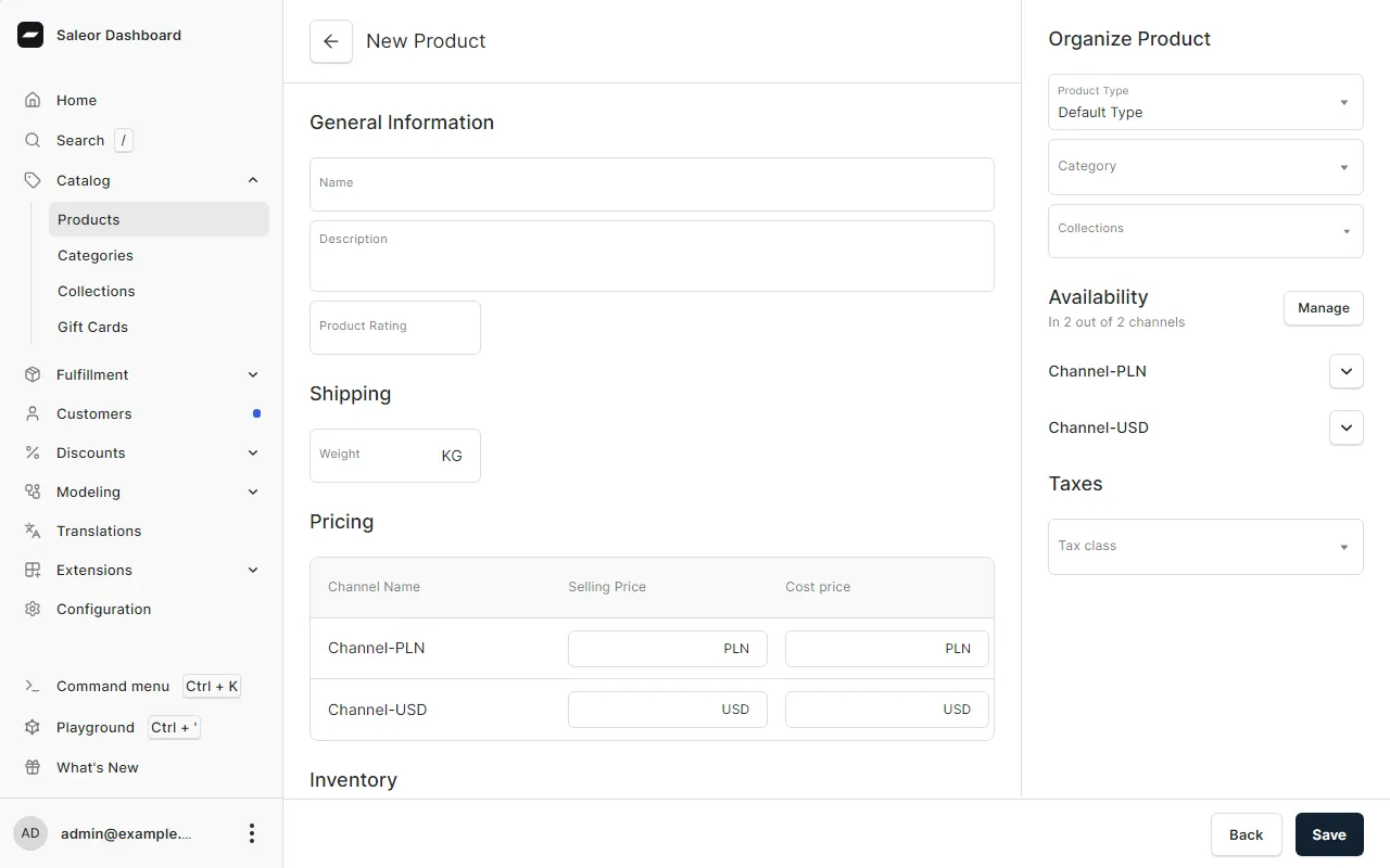 Saleor product-create editor, the committed clean baseline: crisp black form labels and controls.